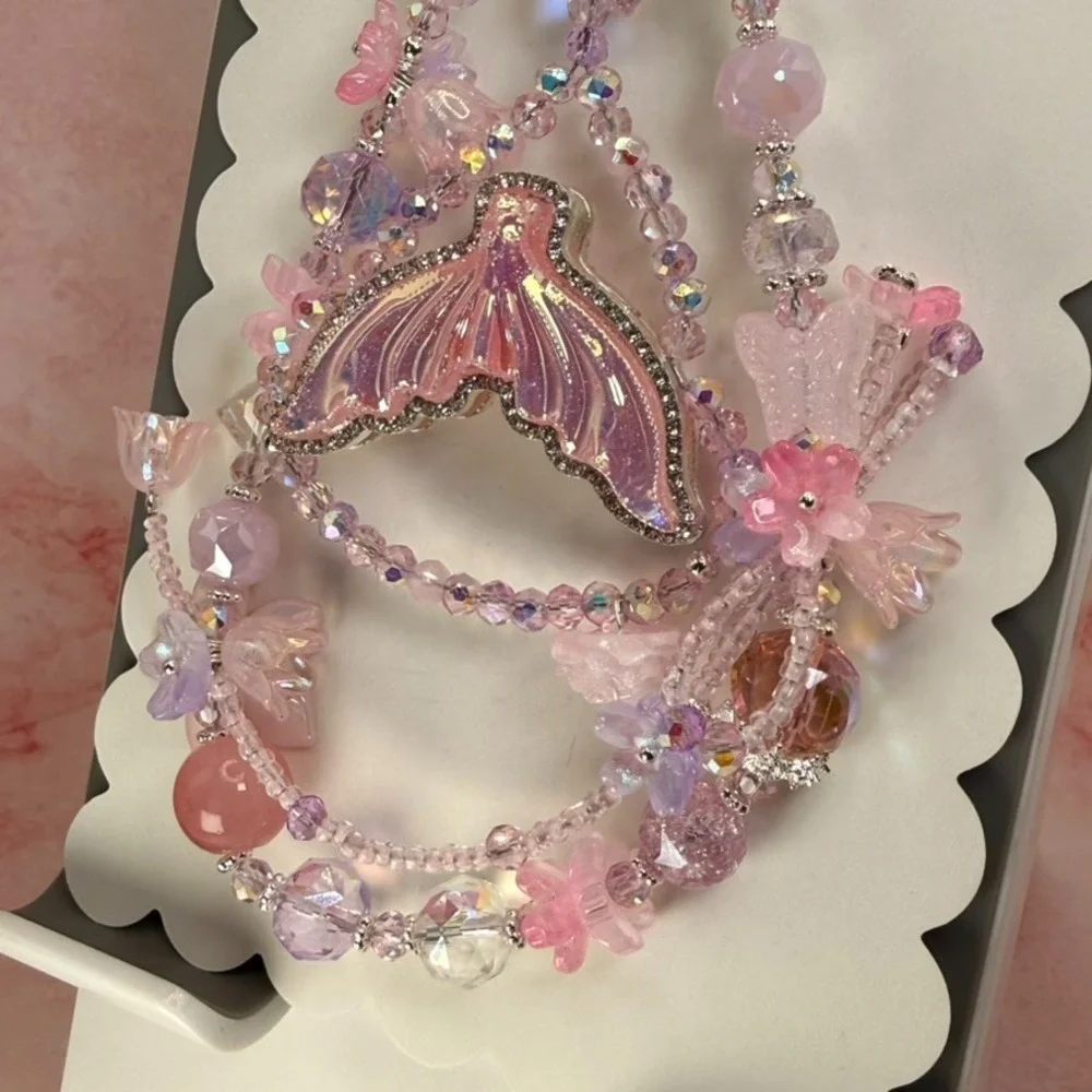 Mermaid Tail Pink Crystal Beaded Ocean Phone Wristlet Charm Keychain Premium